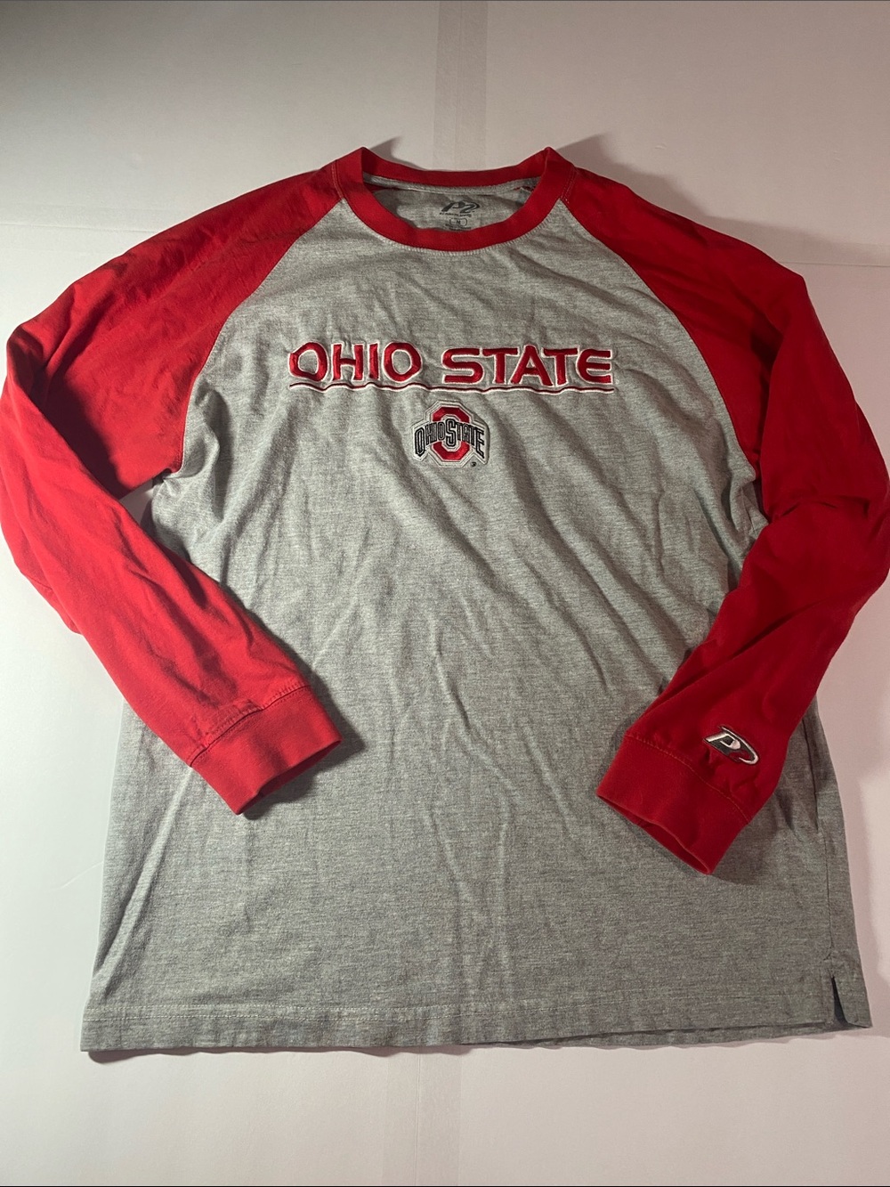 Embroidered Ohio State Long Sleeve Raglan T-shirt red gray